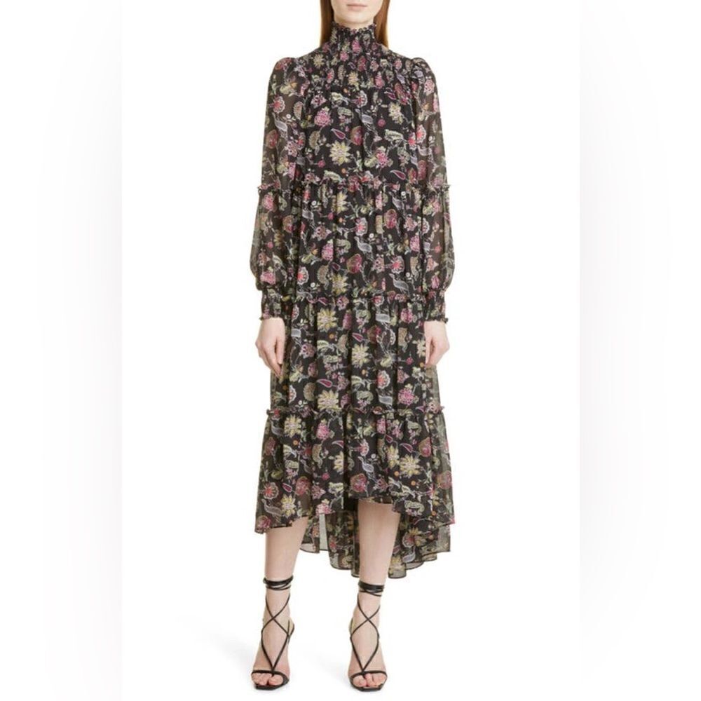 Cinq a Sept Black Paisley Print Long Sleeve High Low Dress $465
